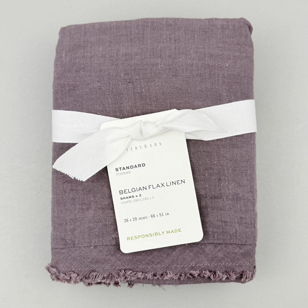 Pottery Barn Belgian Flax Linen Fringe Shams Standard Set Of 2 Fig Purple New